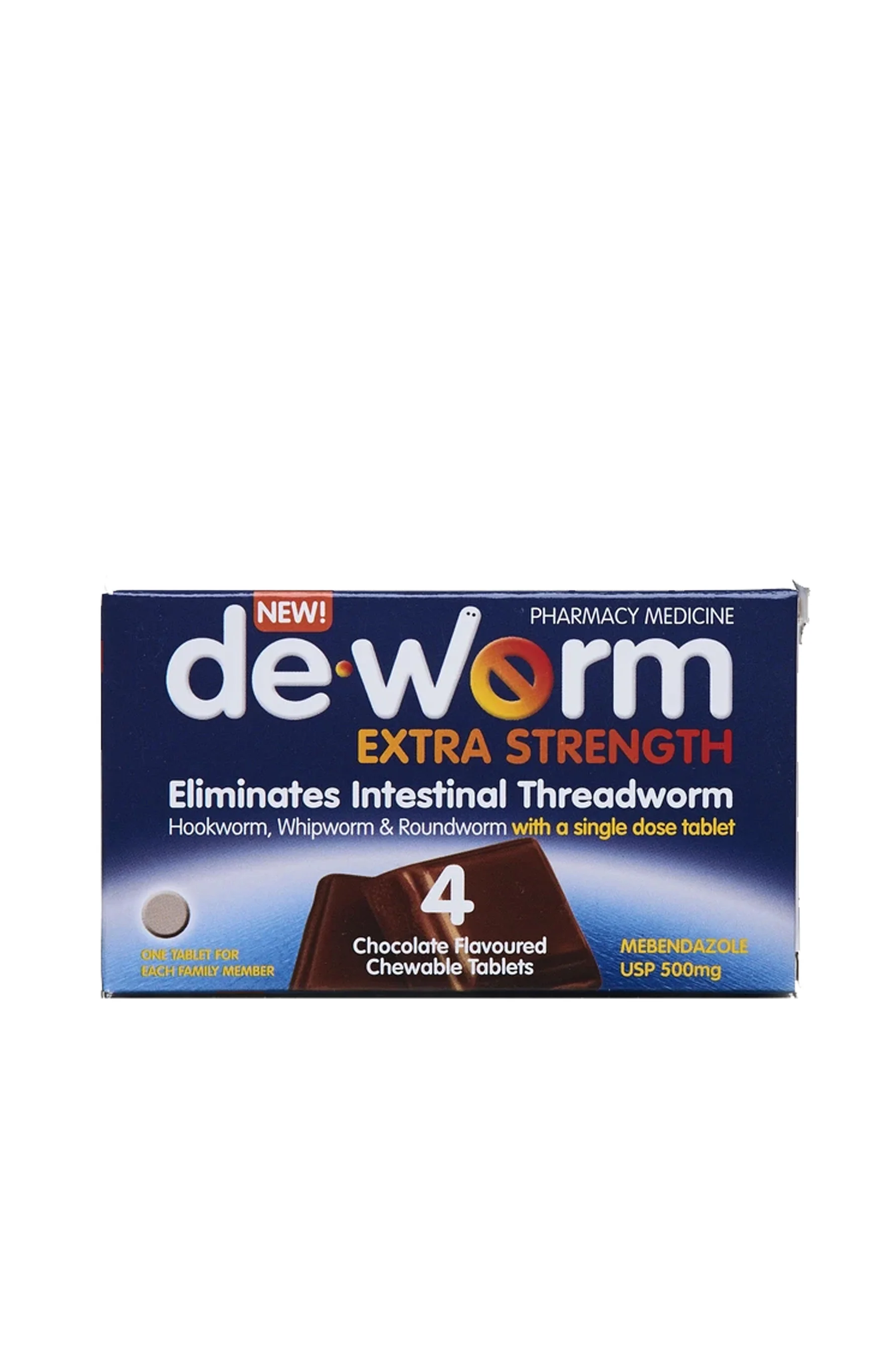 DE-WORM Extra Strength 500mg 4 Chewable Chocolate Tablets