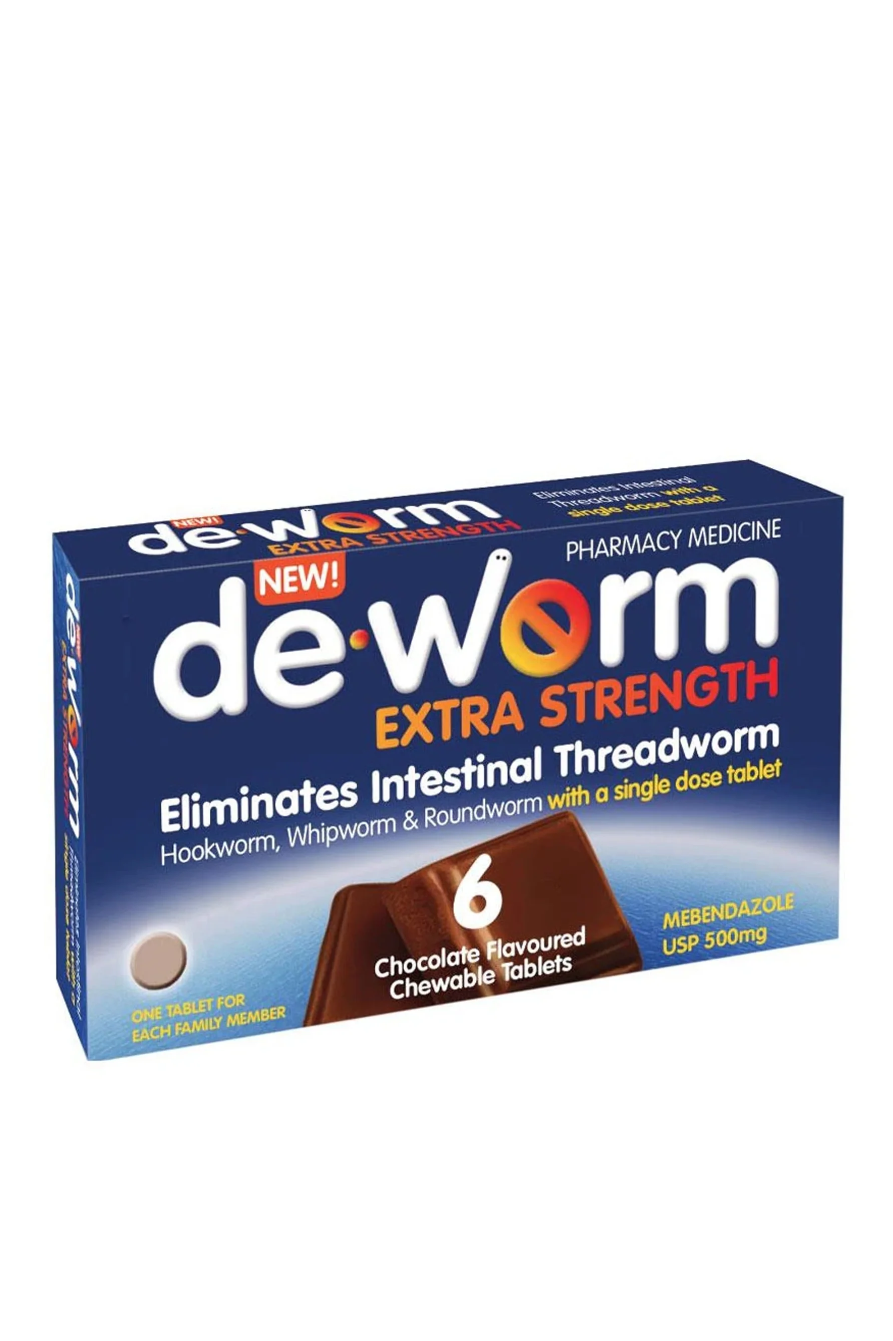 DE-WORM 500mg 6 Chewable Chocolate Tablets