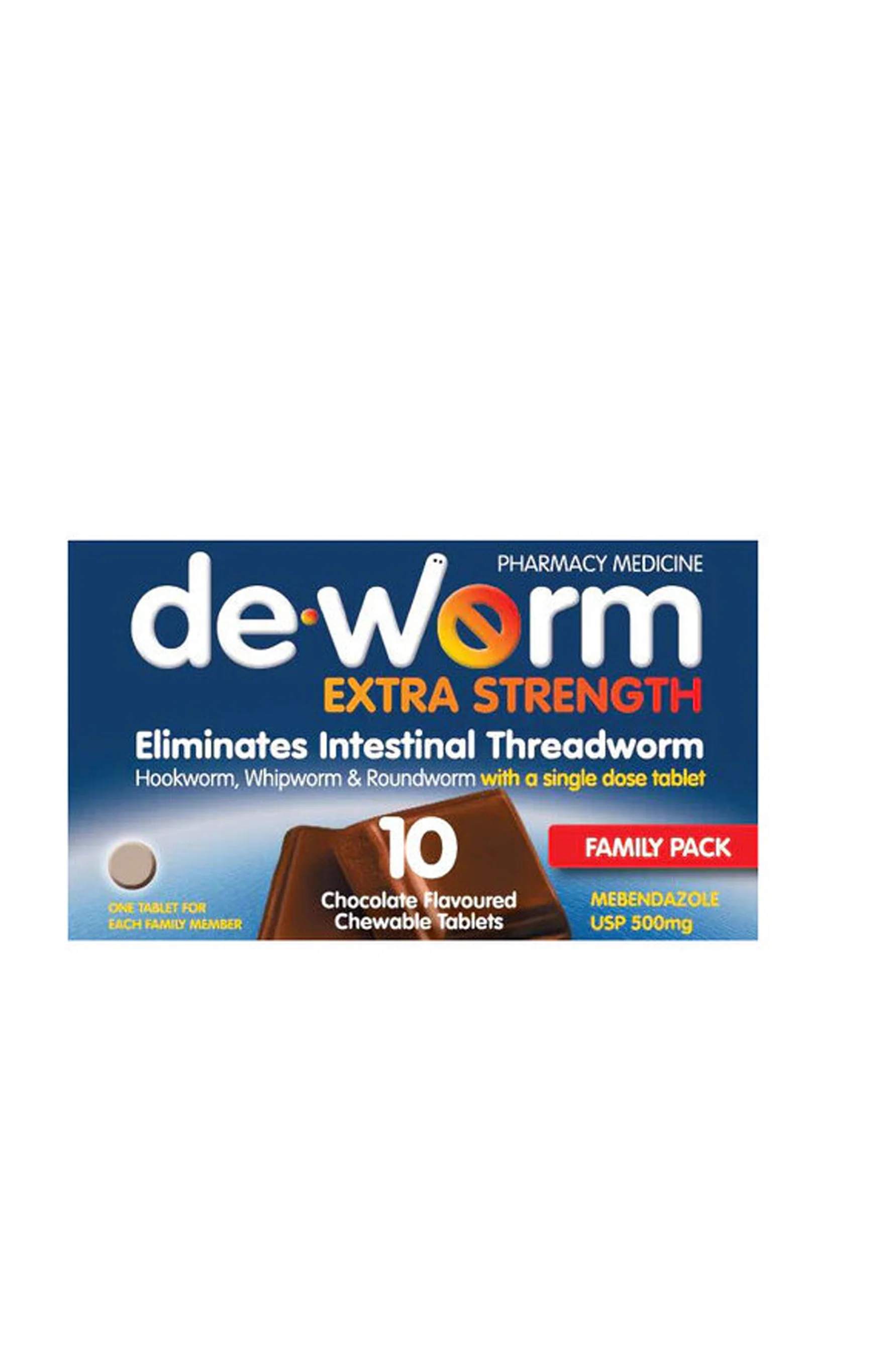 DE-WORM Extra Strength 500mg Chocolate 10 Tablets