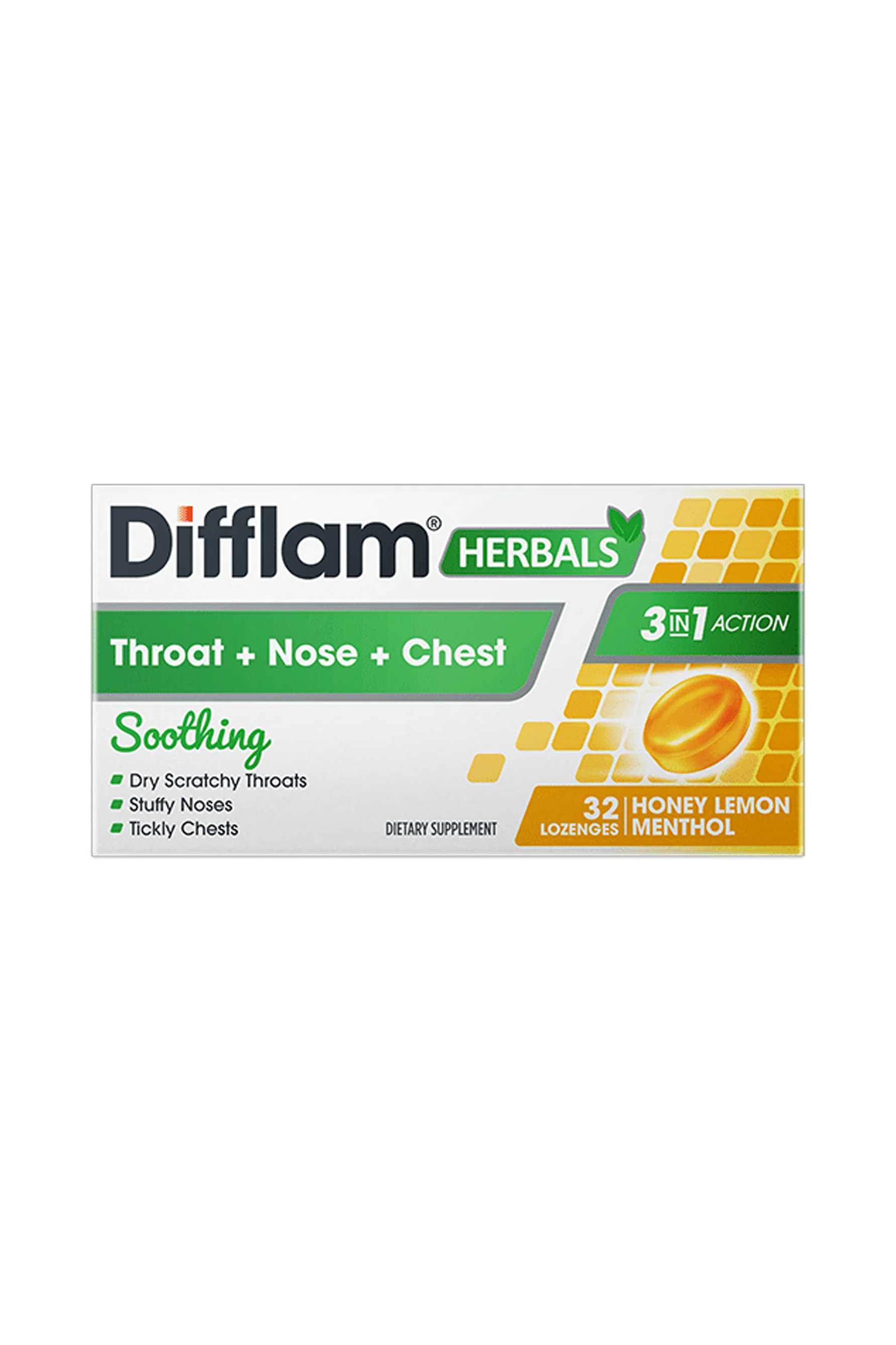 DIFFLAM Herbals 3-in-1 Action - Throat + Nose + Chest Lozenges Honey Lemon Menthol 32s