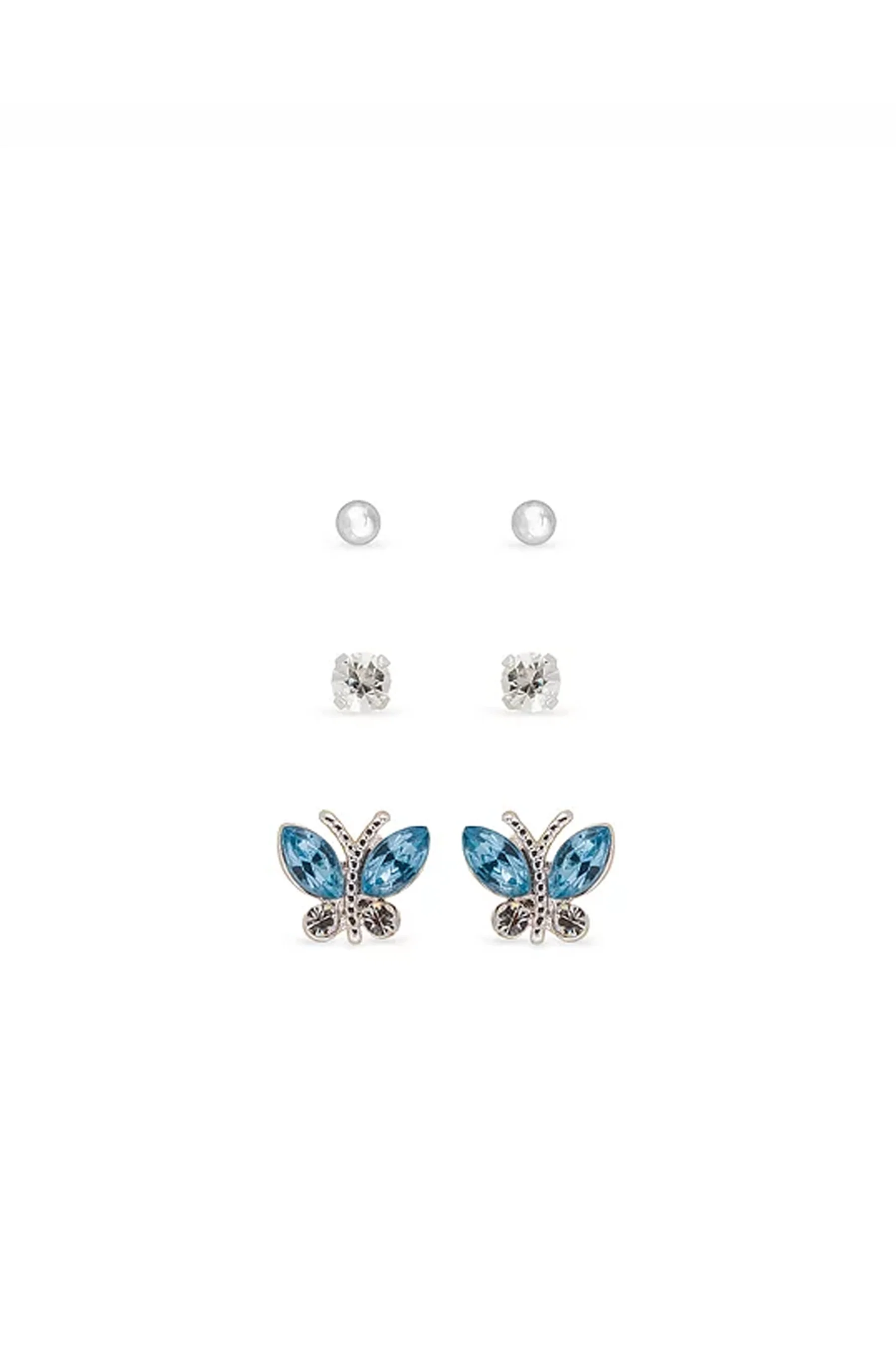 EarSense F8-4674 Silver Ball, Crystal & Butterfly Trio