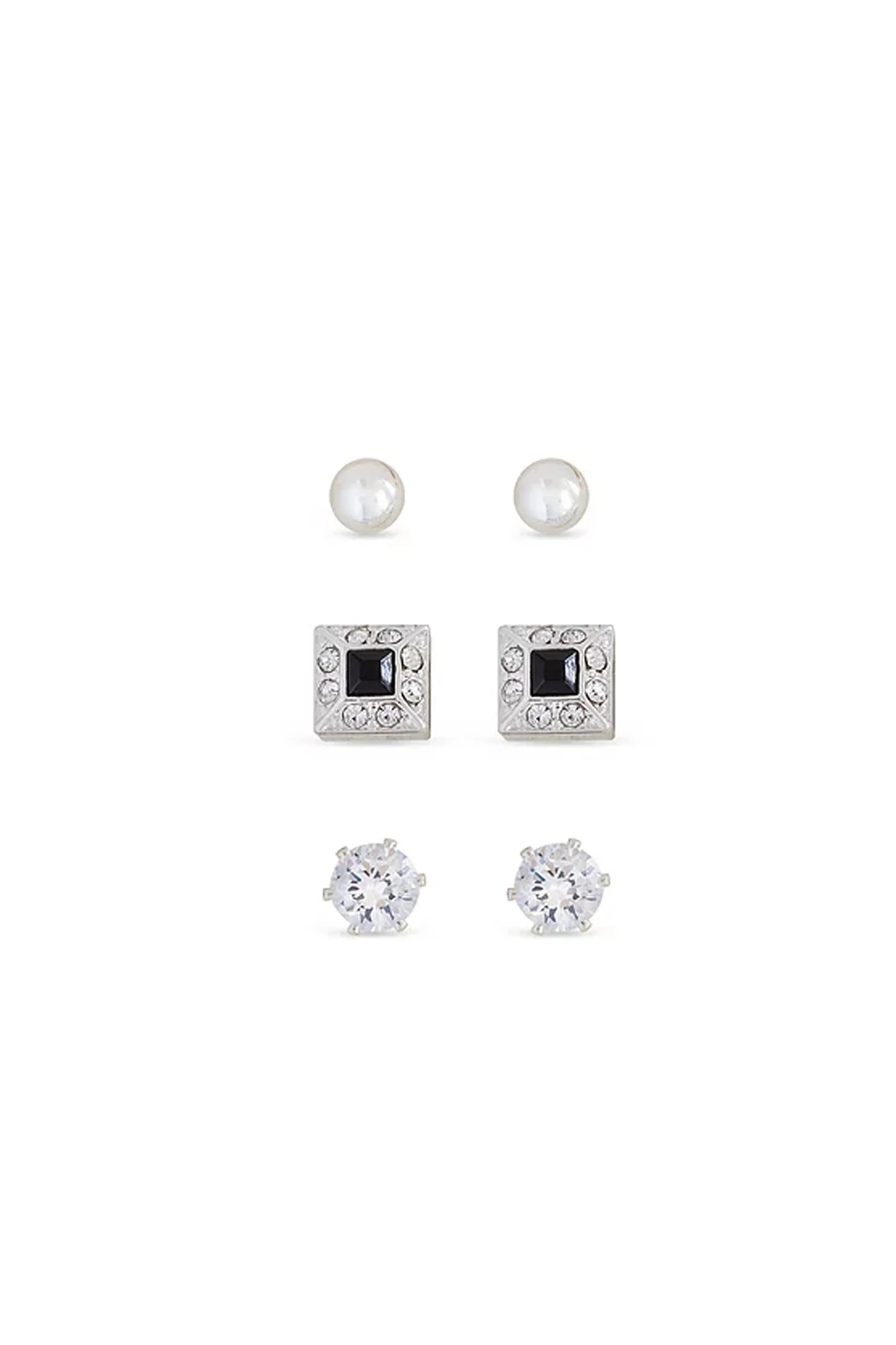 Earsense FC297 Silver Ball, Cubic Zirconia & Square Crystal/Jet Stud Trio