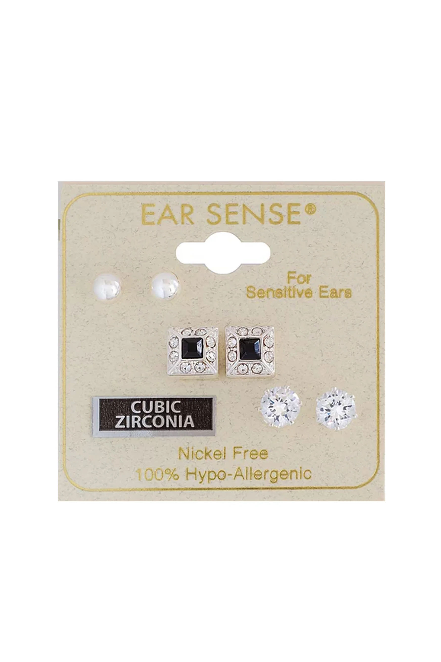 Earsense FC297 Silver Ball, Cubic Zirconia & Square Crystal/Jet Stud Trio - Image 2