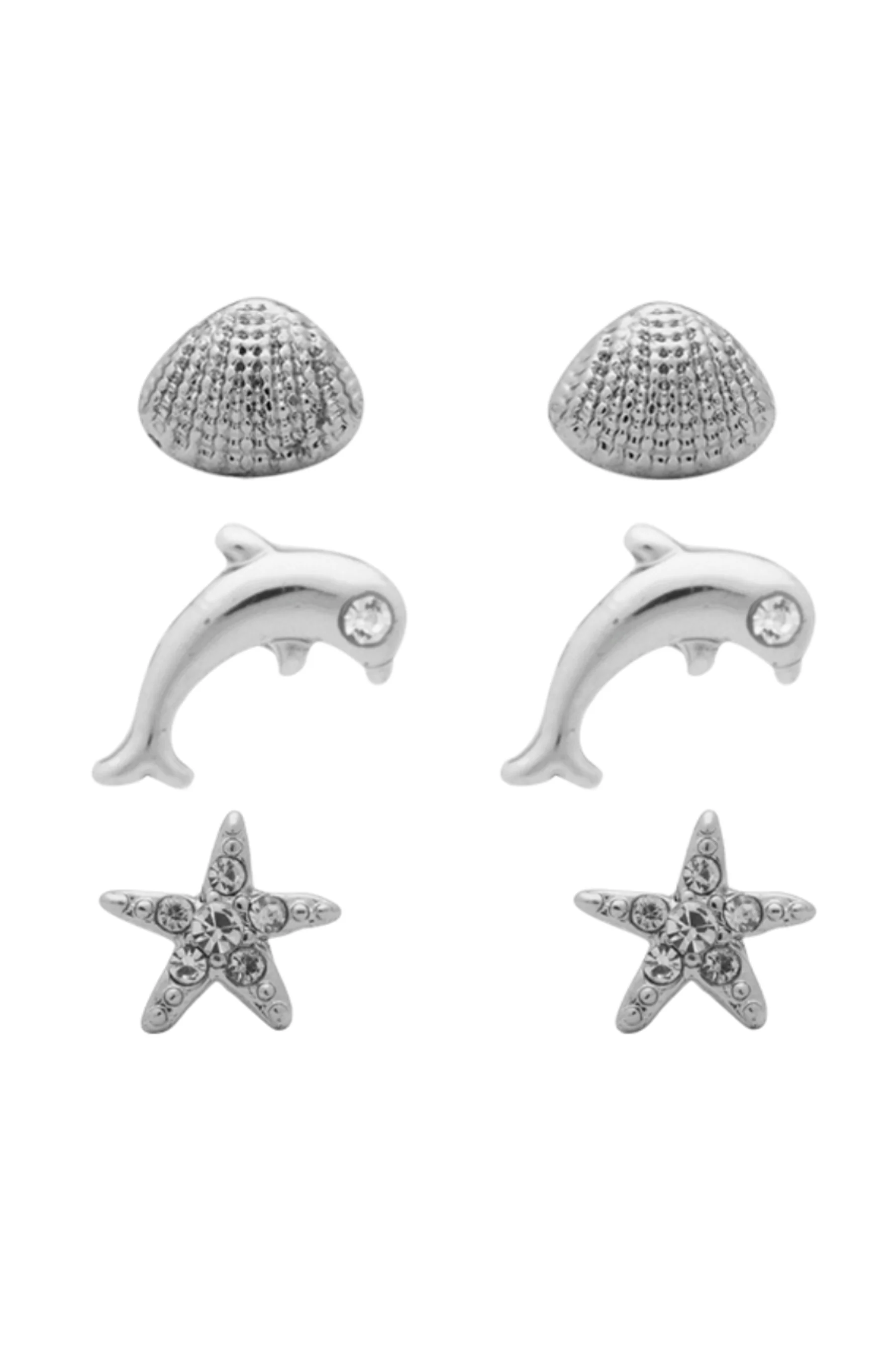 EURO Rhodium Shell + Dolphin + Starfish Trio Studs