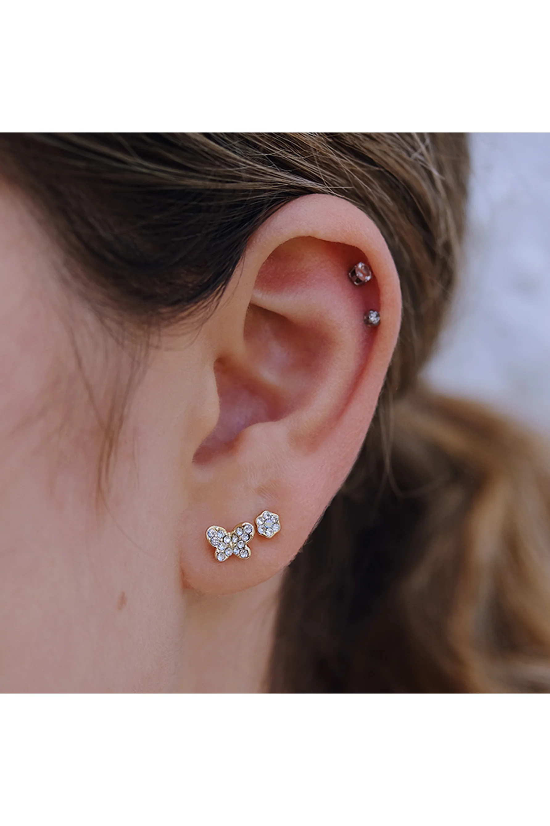 Euro 56980 Gold Crystal Flower + Butterfly Double Pack Studs - Image 2