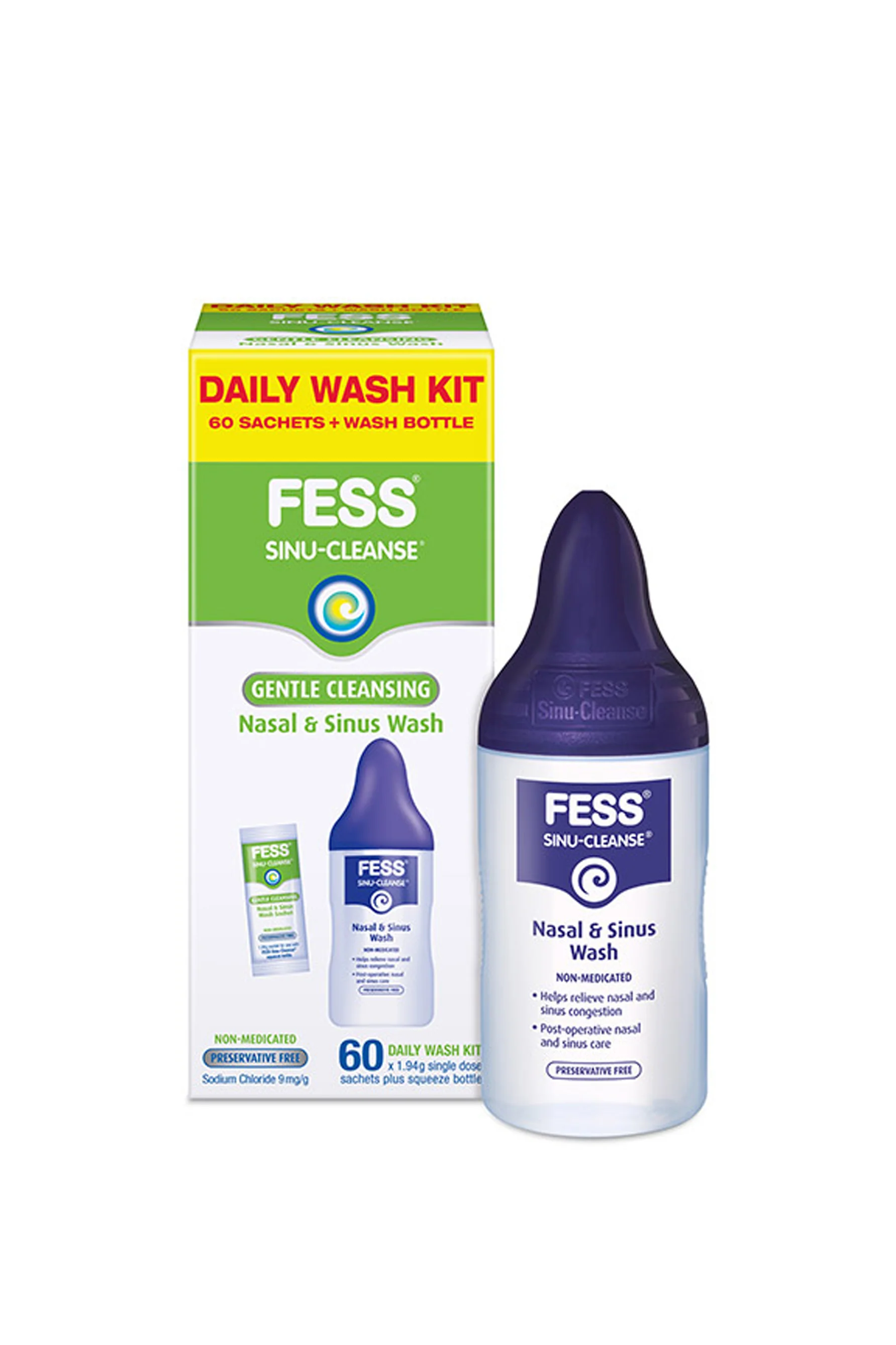 FESS® Sinu-Cleanse Gentle Cleansing Daily Wash Kit 60 x 1.94g sachet plus Wash bottle Kit