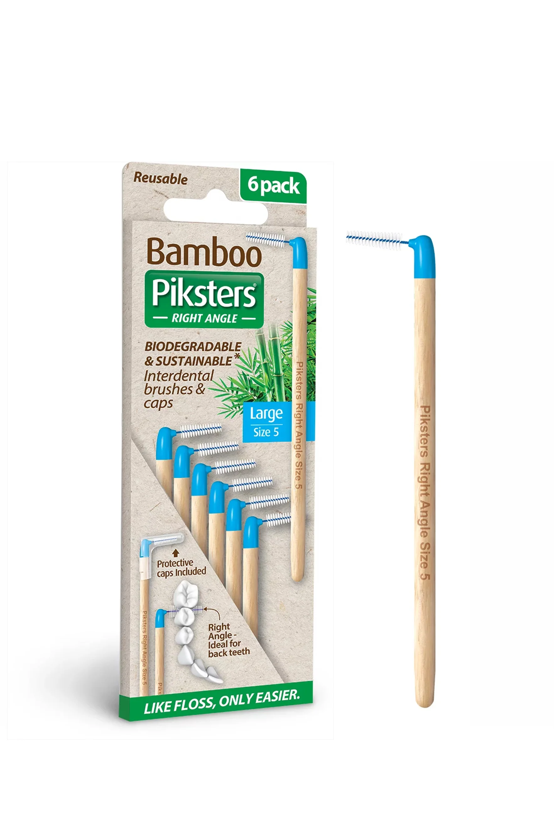 PIKSTERS Bamboo interdental Brush Right Angle Blue Size 5 - 6 Pack