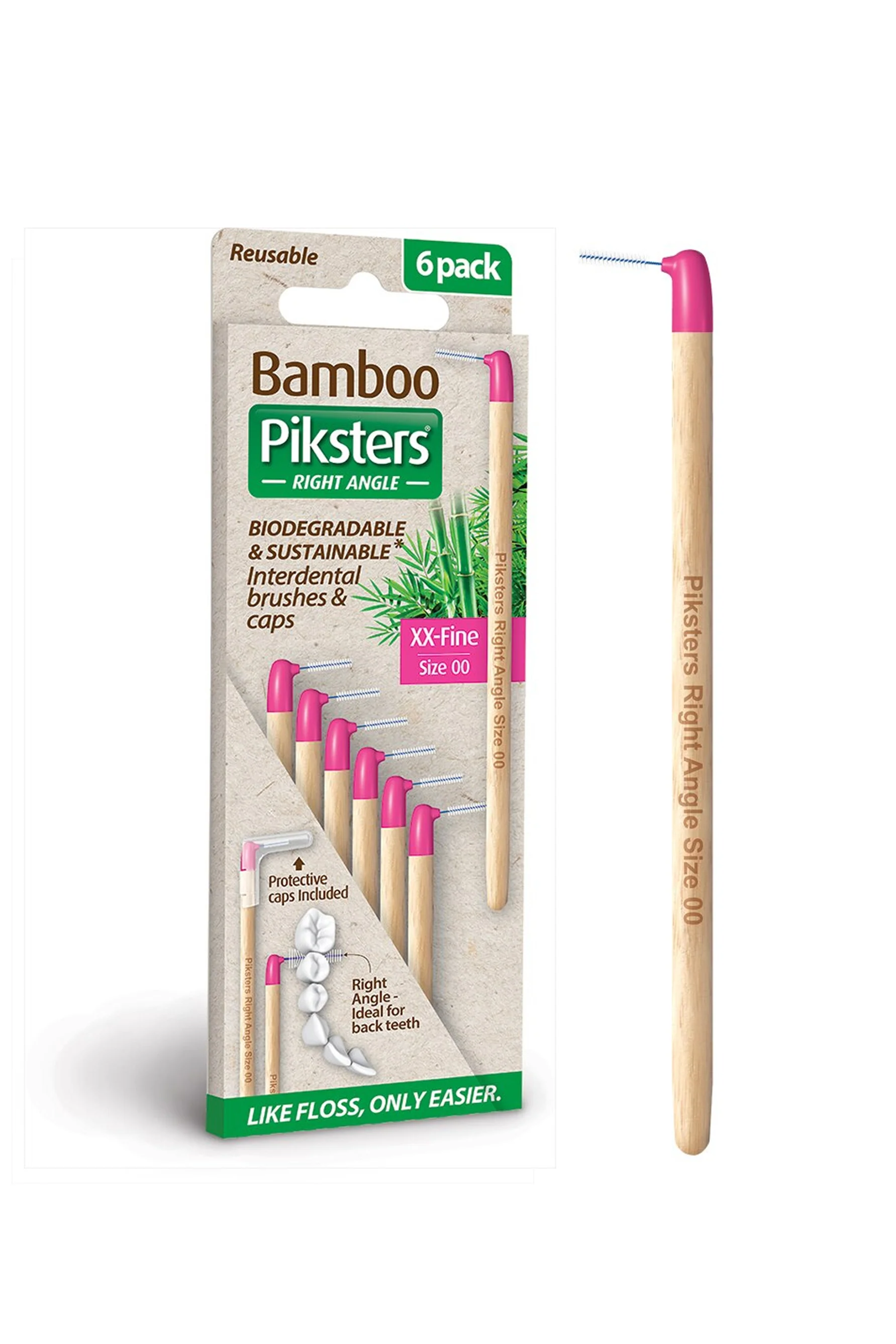 PIKSTERS Bamboo interdental Brush Right Angle Pink Size 00 - 6 Pack