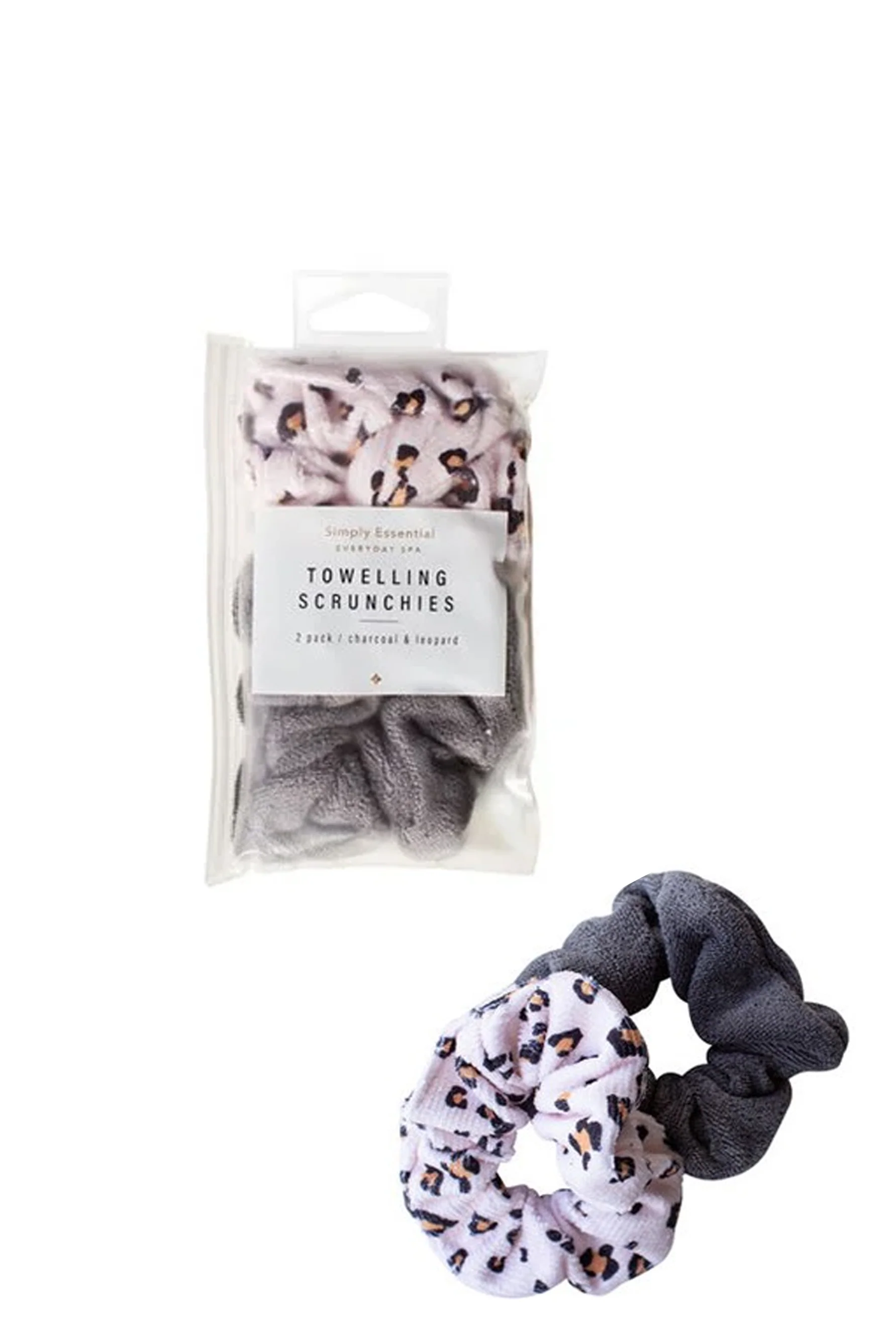 SIMPLY ESSENTIAL 21-1303CL Everyday Spa Toweling Scrunchies Charcoal and Leopard 2pk