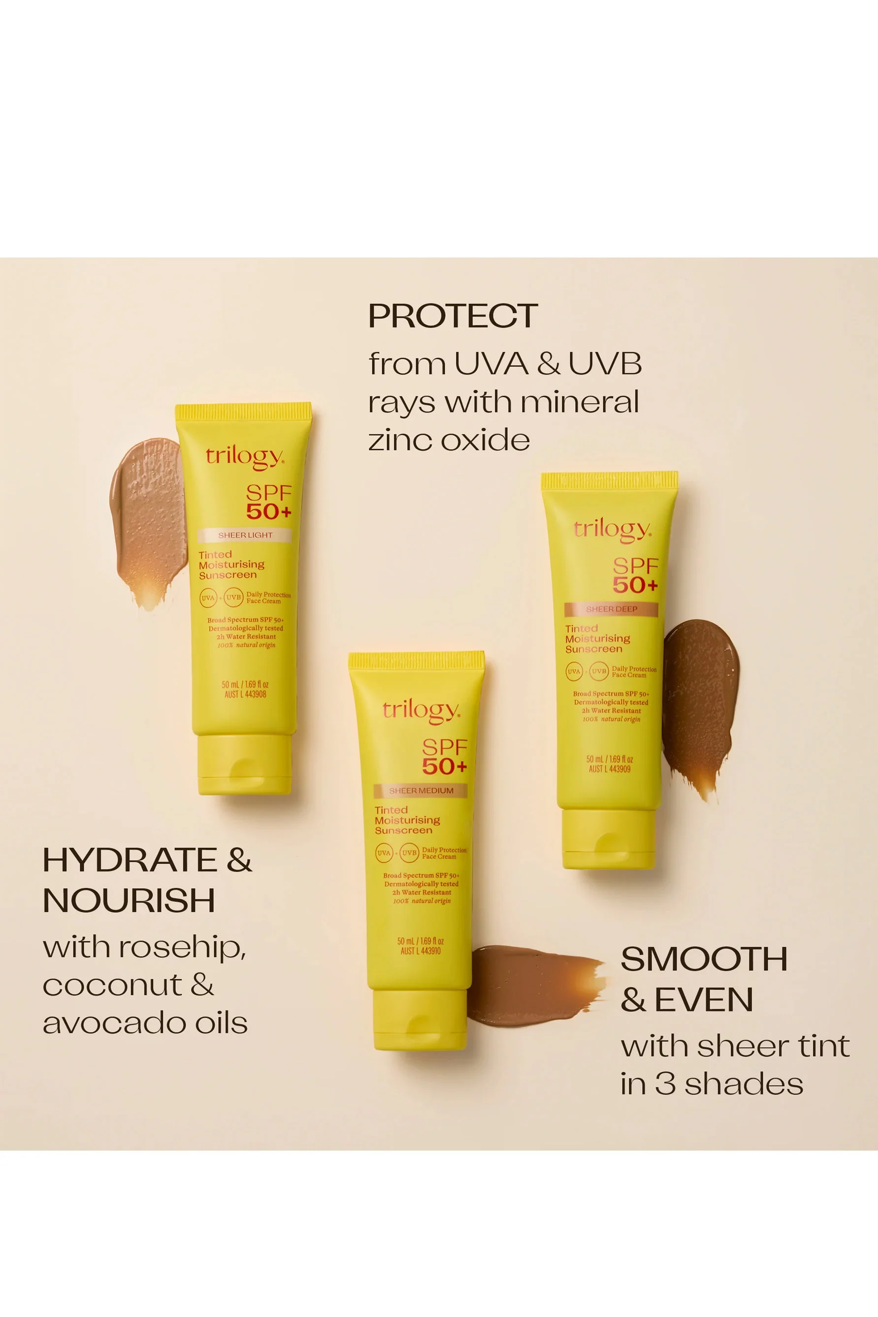 TRILOGY SPF 50+ Sheer Tinted Moisturising Sunscreen Sheer Medium 50ml - Image 3